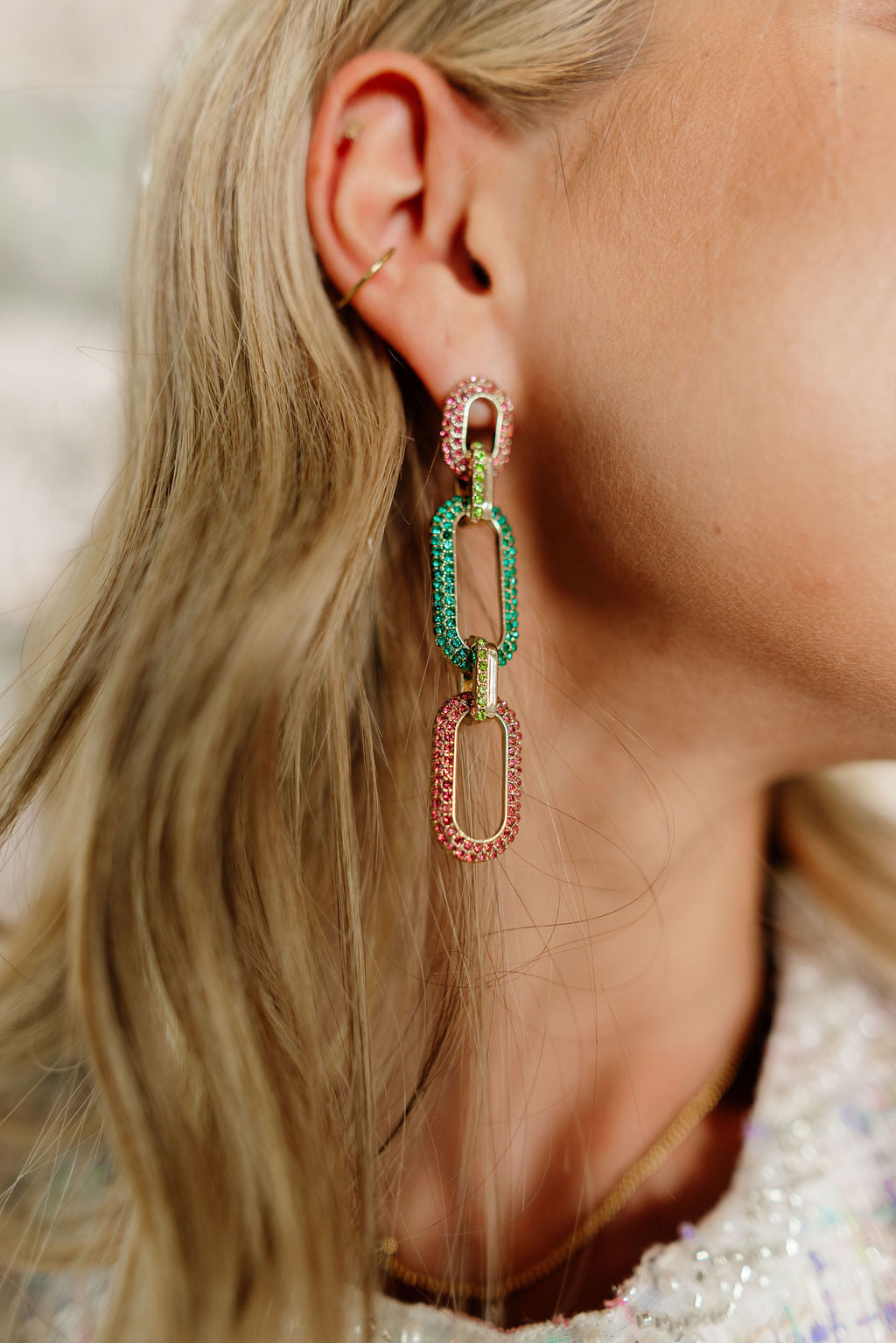 Pink & Green Crystal Link Drop Earrings