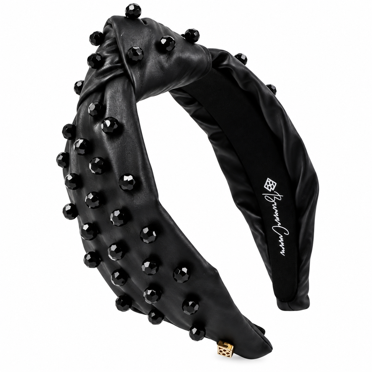 Black Vegan Leather Headband with Hand-Sewn Glass Beads